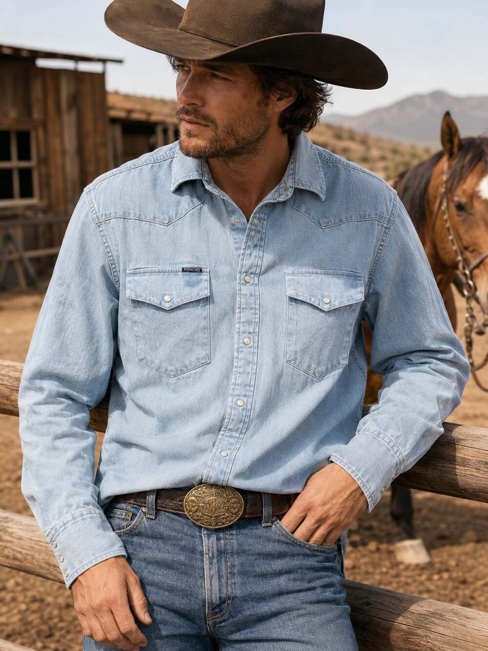 Poncho Western Pearl Snap Denim Shirt Men’s Medium Light Wash Cowboy